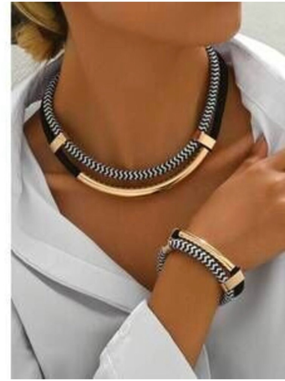 Gold and Black Braided Collar Necklace and Bracelet Set
